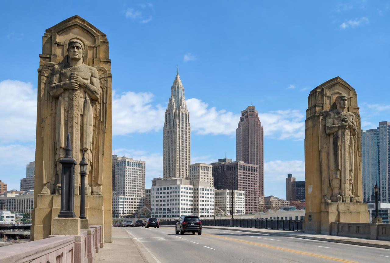 Guardians of Traffic pylons on Cleveland's Hope Memorial Bridge