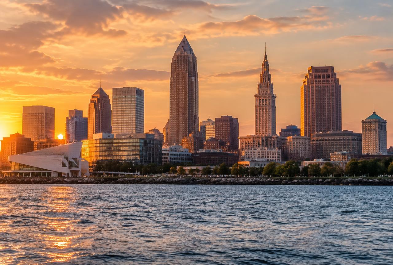 Downtown Cleveland skyline at sunset seen across Lake Erie