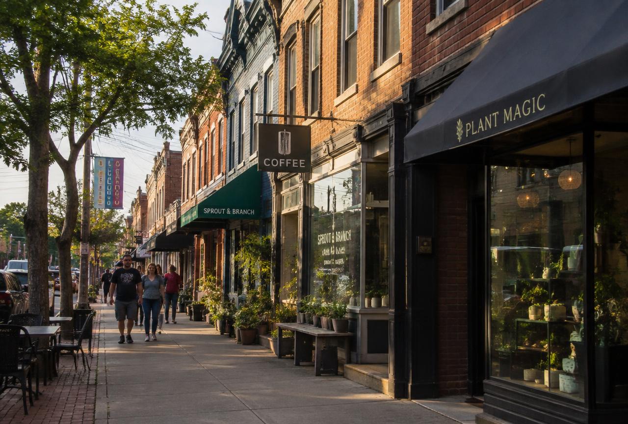 Small business storefronts on a Cleveland neighborhood street