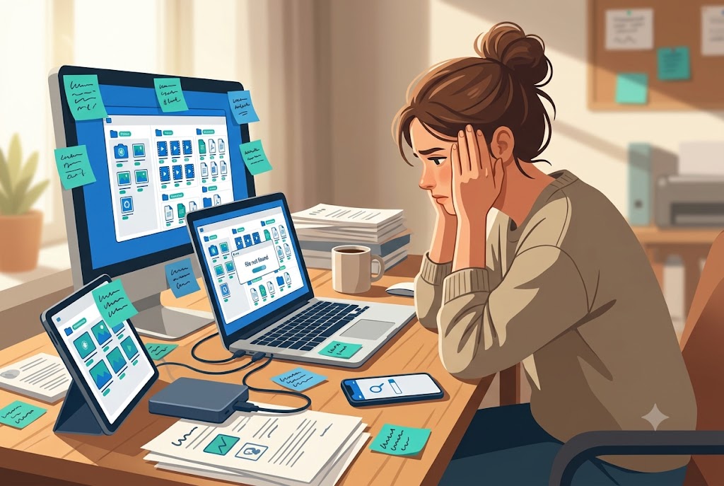 Small business owner searching for a product photo across multiple devices