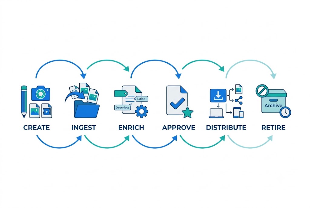 Diagram of the digital asset lifecycle from create to retire