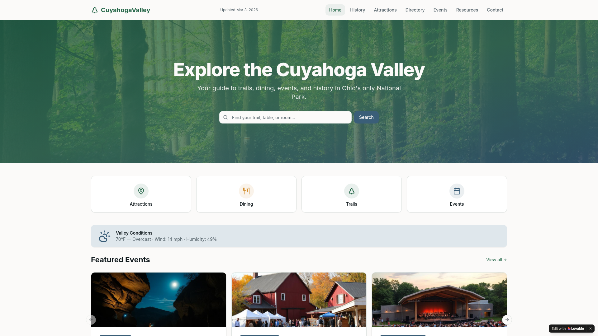 Cuyahoga Valley website screenshot